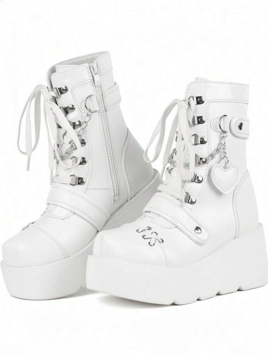 Goth Punk Women's Chain Platform Boots Platform Wedge Ankle Boots Goth Patent Lace Up Boot Chain Strappy Booties Lace Up&Zipper Combat Boots - 純白色 - 查看 1