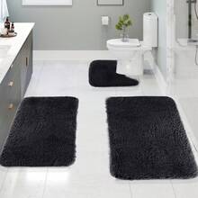 Three-Piece Bathroom Floor Mat Carpet, Solid Color Bathroom Mat Is Soft, Comfortable And Absorbent, Machine Washable, Suitable For Bathroom Shower Room - Black - View 4