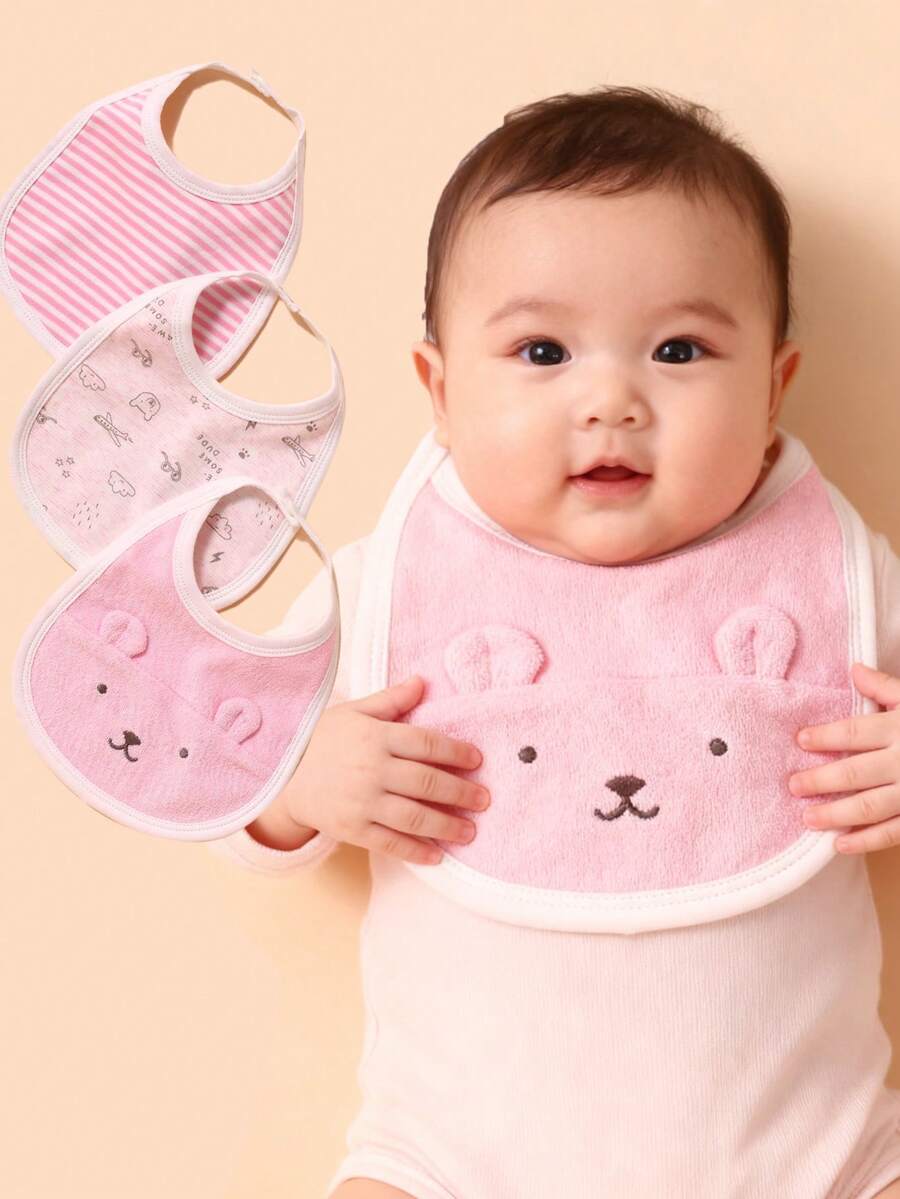 3件套婴儿围兜，带小熊刺绣和3D耳朵，柔软面料，适合0-12个月的婴儿 - 粉色 - 查看 1