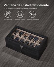 SONGMICS Caja de Relojes con 12 Ranuras, Estuche de Relojes de Madera de 2 Niveles con Tapa de Cristal, Almohadillas, Forro de Terciopelo, Regalo de Seres Queridos, Negro Ébano - Negro - Ver 7
