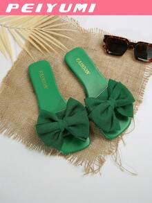 PEIYUMI 女士蝴蝶结装饰拖鞋，时尚夏季平底凉鞋 - 綠色 - 查看 5