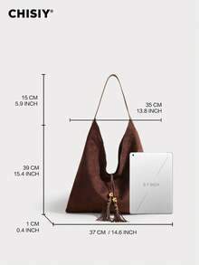 Original Handmade Dark Brown Suede Fringe Fabric Fashion Tote Bag, Elegant Large Capacity Women's Commuter Bag, Casual Student Simple Christmas Gift One Shoulder Bag Suitable For Work, Travel, Shopping, Wedding, Music Festival, Winter