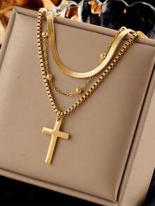 1 Peça Colar Feminino Fashionable com Pingente de Cruz em Aço Inoxidável, Joia Dourada para Uso em Camadas, Não Desbota