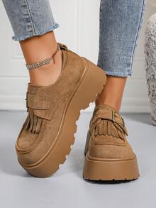 Women's Taupe Fringe Platform Loafers, The Most Fashionable This Year, Buckle Fringe Retro British Style Elevator Shoes, Suitable For Music Festivals, Runway, Parties And Daily Wear - Camel - View 5