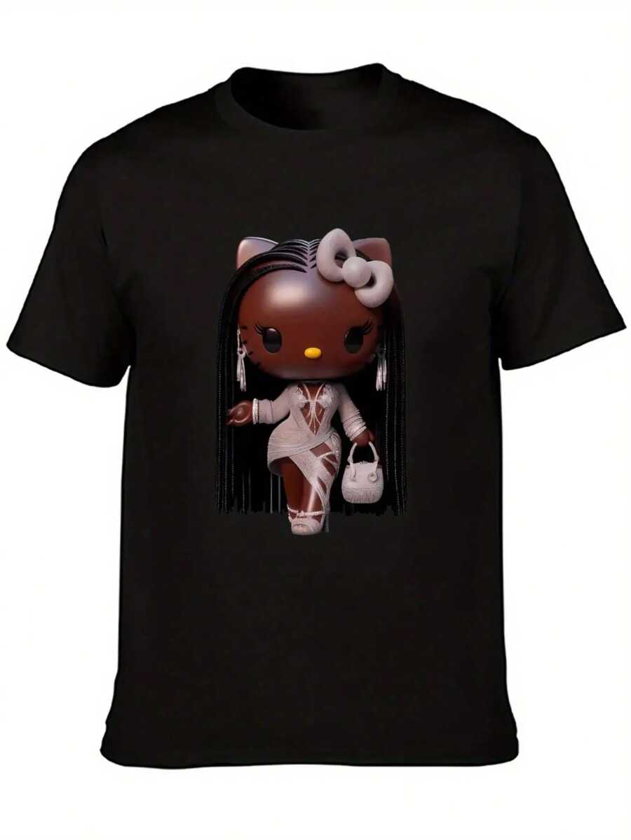 SANRIO HELLO KITTY Women's Short-Sleeved Crew Neck Casual T-Shirt With HELLO KITTY Print. Made Of Pure Cotton. Machine Washable. Suitable For All Seasons. Summer Wear. Fun, Sexy, Avant-Garde And Personalized Design. Opaque Fabric. - 黑色 - 查看 1