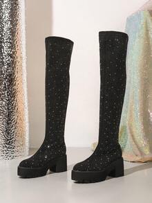 Botas elegantes de moda para mujer, botas elásticas que estilizan el muslo, botas por encima de la rodilla, botas para hombre, caminables al aire libre, botas de tacón alto versátiles y sencillas