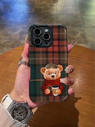 1pc Fashionable Retro Plaid Bear Pattern Shockproof Soft TPU+PC Hybrid Phone Case, SuitableCompatible Withe Phones, Great Gift For Friends, Family, Couples, Birthday, Holidays