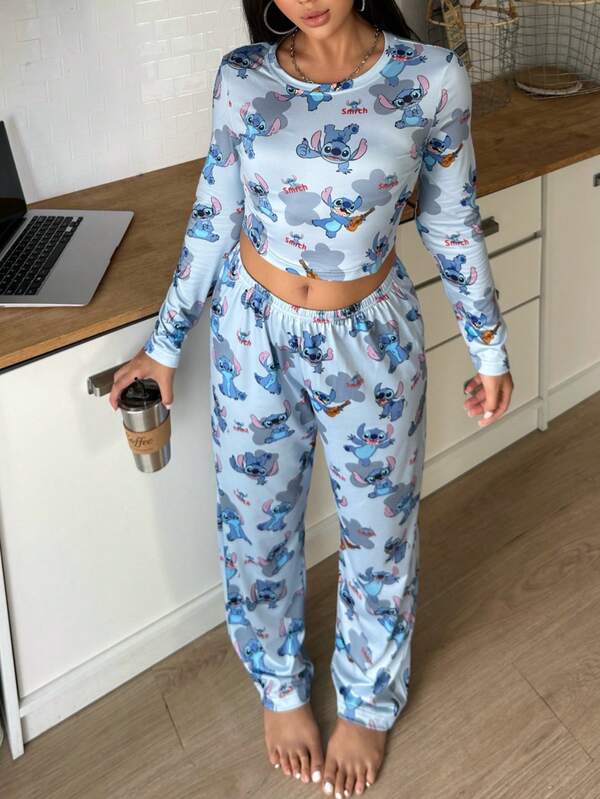 Disney 2pcs Women Stitch Graphic Print Crew Neck Long Sleeve Top + Elastic Waist Straight Leg Pants Pajama Set