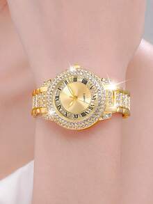 1 Bộ đồng hồ nữ sang trọng đính đá Rhinestone toàn bộ mặt số La Mã thạch anh và mặt dây chuyền hình Đức Mẹ Guadalupe, bộ trang sức hoa tai phù hợp để đeo hàng ngày, mùa tựu trường, mùa tốt nghiệp, lễ Tạ ơn, các cặp đôi, quà tặng tuyệt vời nhất (không bao gồm hộp đựng đồng hồ) - Vàng - Xem 3