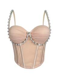 Pearl Dimond Tank Top With Bra Wrinkle Mesh Boned Bustier Tops Sexy Elegant Crop Top Party