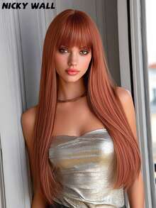 Elegant-26 Inch Rust Brown Wigs For Women, Long Straight Wigs With Bangs, High Quality Soft Synthetic Fiber Wigs For Women Daily Wear, Festival Ready Party Use, Perfect Gift - Beginners Glueless Wig Accessories - 鏽棕色 - 查看 1