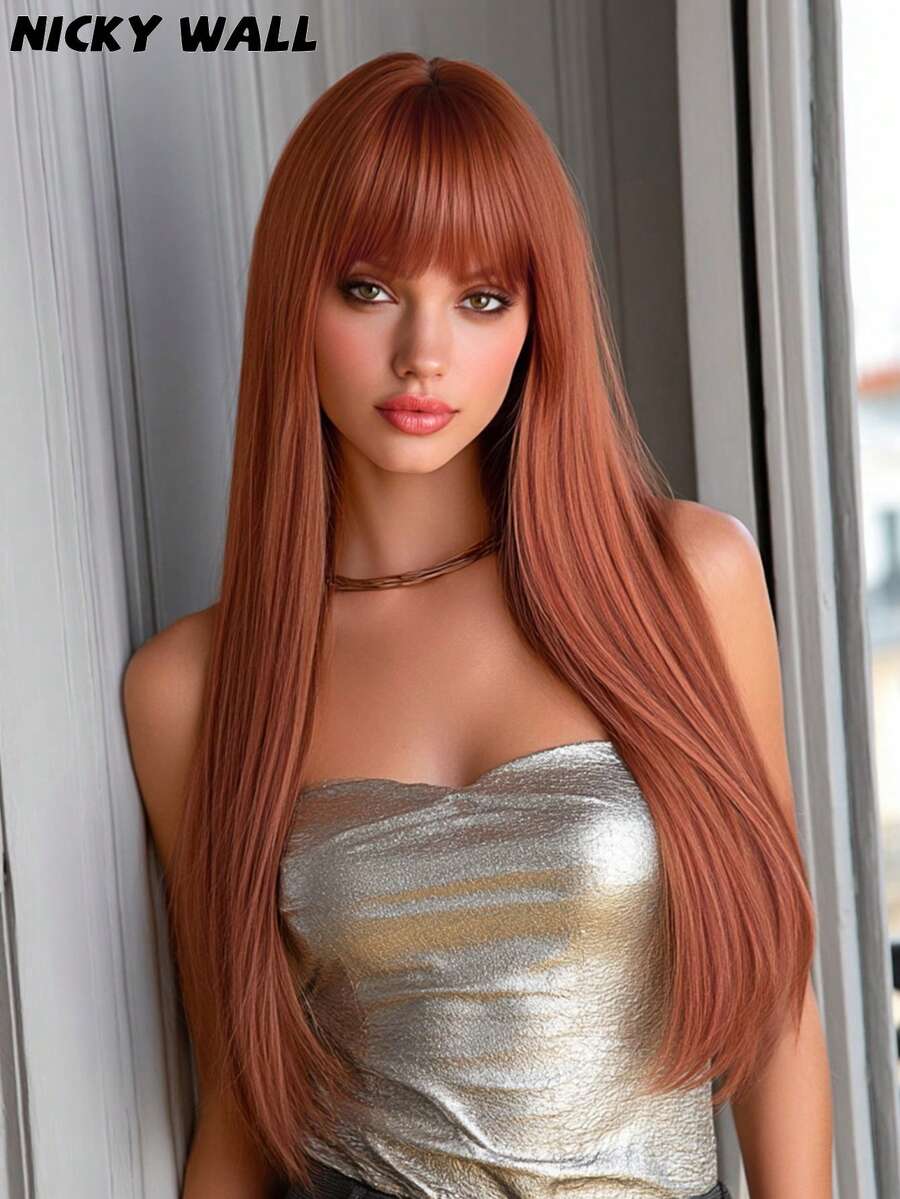Elegant-26 Inch Rust Brown Wigs For Women, Long Straight Wigs With Bangs, High Quality Soft Synthetic Fiber Wigs For Women Daily Wear, Festival Ready Party Use, Perfect Gift - Beginners Glueless Wig Accessories - 鏽棕色 - 查看 1