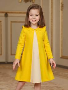 女童荷叶边肩长袖连衣裙，适合日常穿着、派对、度假和上学，春秋季 - 黃色 - 查看 5