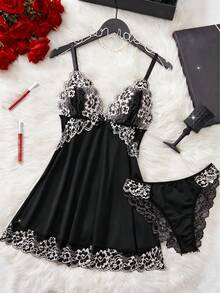 2pcs Contrast Floral Lace Sleepwear Set, V-Neck Semi-Sheer Bow Tie Nightgown And Panties, Elegant Women Pajamas