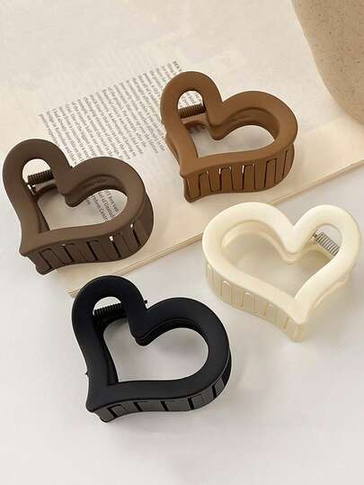 4 pezzi/1 pezzo Fermagli per capelli da donna a forma di cuore, leggeri in plastica, di colori nero, bianco, cachi e marrone, di 6,2 cm di lunghezza, eleganti e semplici, di colore unito, adatti per uso quotidiano, casual, festa, pendolarismo, spiaggia, acconciature, trucco, accessori per outfit