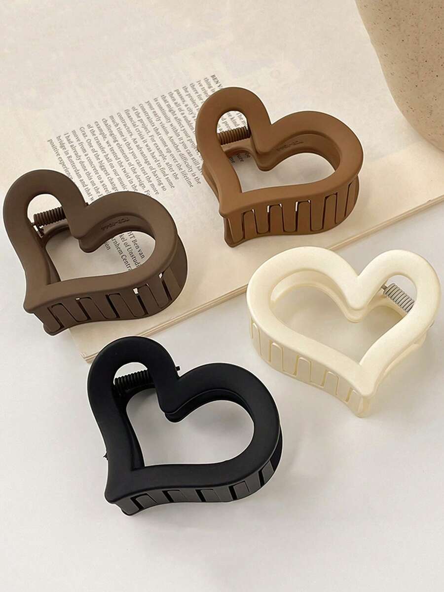4 pezzi/1 pezzo Fermagli per capelli da donna a forma di cuore, leggeri in plastica, di colori nero, bianco, cachi e marrone, di 6,2 cm di lunghezza, eleganti e semplici, di colore unito, adatti per uso quotidiano, casual, festa, pendolarismo, spiaggia, acconciature, trucco, accessori per outfit