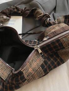 Vintage Coffee Color Bag, Japanese Minimalist Forest Style Plaid Shoulder Bag, Fashion Pleated Bow Zipper Closure Crossbody Bag, School/College/Work Lightweight Foldable Cloth Bag, Suitable For Shopping, Daily Commute, Crescent Moon Bag, Autumn/Winter Vintage Coffee Color Bag - Multicolor - View 11