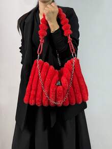 1 pieza Bolso de mano de piel de conejo para mujer, otoño/invierno, de alta calidad con cremallera y bolso grande, correa desmontable, disponible en burdeos, marrón, rosa, negro con efecto tie-dye, adecuado para mujeres y niñas, se puede usar como bandolera o al hombro - Rojo - Ver 4