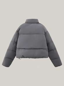 Inspirado en el estilo europeo y americano, este abrigo de mujer francés presenta un cuello alto, está hecho de algodón cálido y tiene un cierre con cremallera. - Gris - Ver 4