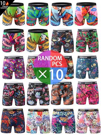 10pcs Random Print Men's Fashion Graffiti Pattern Long Boxer Briefs, Breathable Comfortable High Elasticity Long Boxer Shorts, Sports Shorts, Men's Creative Underwear, Random Print