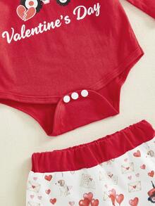 Baby Boy Valentines Day Outfit Tractor Heart Long Sleeve Romper Pants And Knotted Hat 3 Piece Set - 紅色 - 查看 5