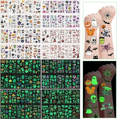 40 Hojas Tatuajes Falsos Temporales Niños y Niñas, Tatuajes Niños Luminosos Unicornio Dinosaurio Astronautas, Regalo de Infantiles Detalles Cumpleaños Niños Colegio Relleno Piñata Fiesta Cumpleaños (Halloween)