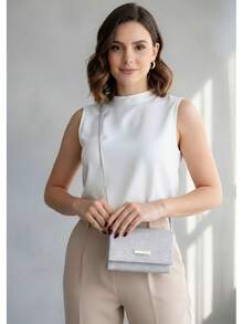 Bolsa de Festa Glitter Quadrada Feminina Bolsa Baguette Caixinha Tiracolo Transversal com Alça Bloguerinha Alça Corrente - Prata - Visão 2