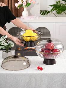 1pc Plastic PET Material Drainage High Foot Tray With Dust Cover, Unbreakable And Reusable Fruit/Dessert/Snack/Cake Display Tray, Suitable For Various Festivals, Weddings, Parties And Events - Round-wood Grain High Legs - View 3