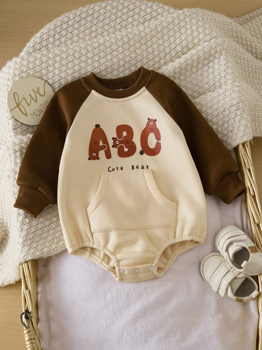 1件婴儿男童可爱卡通熊和英文字母图案加厚保暖连体衣，柔软毛绒面料，休闲度假风格，适合秋冬季居家、户外、幼儿、派对等场合 - 杏色 - 查看 1