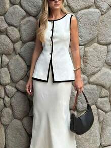 FOR BEAUTY Mẫu áo khoác cardigan không tay phong cách tối giản mới mùa Xuân/Hè, thích hợp cho kỳ nghỉ, mùa lễ tốt nghiệp và năm mới, màu trắng. - trắng - Xem 6