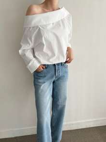 Unique Design Off-Shoulder Exposed Collar Long Sleeve Shirt, Reversible - White - View 9