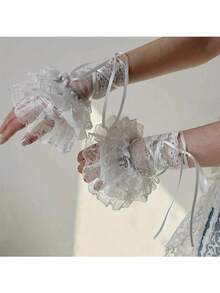 Women's Lace Gloves And Leg Warmers - Geometric Floral Sheer Mesh Design, Ruffled And Ribbon Embellishments, Y2K Party Photo Theme Event Fashion Accessories - 珍珠白 - 查看 7