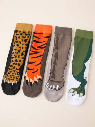 4 Pairs Autumn/Winter New Tiger Pattern Mid-Calf Socks, Cute & Unisex Casual Sports Socks