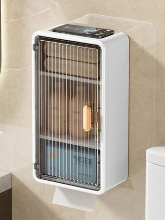 1 st LDQ väggmonterad kosmetiklåda, allt-i-ett badrumsorganisatör i PP-plast med näsdukshållare, vattentätt skåp med lock, enkel installation utan borrning