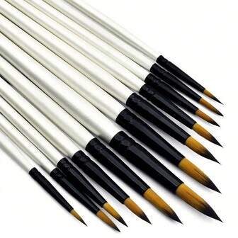 12 قطعة مجموعة فرش الرسم بالألوان الزيتية، مقبض أبيض لؤلؤي، فرش ذات شعيرات نايلون اللون للألوان المائية والأشكال المسطحة والدائرية والمائلة والمدببة