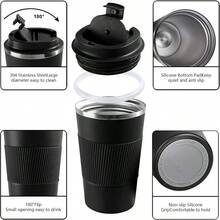 Insulated Travel Coffee Mug Spill Leak Proof Portable To Go Camping Stainl Steel Coffee Tumbler Reusable Thermal Coffee Cup With Lid For Hot Cold Drinks Black 12 OZ - 黑色 - 查看 3