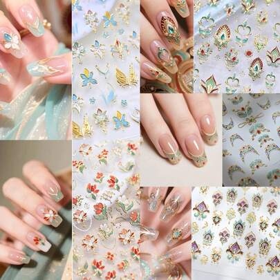 Pegatinas de arte de uñas con lámina de oro de estilo chino elegante, decoraciones de uñas 3D en relieve con flores francesas