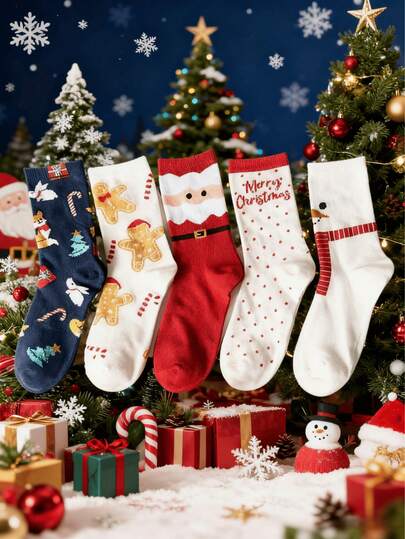 5 pares de calcetines de Navidad con dibujos animados para mujeres, calcetines de renos navideños, adecuados para Navidad, cumpleaños, Acción de Gracias, el Año Nuevo Chino, reuniones familiares y otras ocasiones, regalos de Navidad ideales para amigos, estilo de otoño e invierno