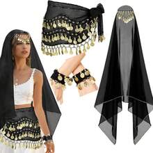 4 件套肚皮舞套装肚皮舞雪纺臀巾、头巾腕带舞蹈配饰带金币 - 彩色 - 查看 5