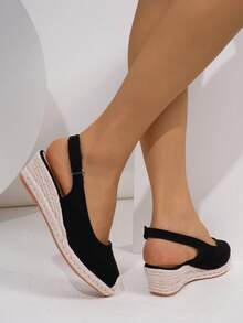 Women's Solid Color Slingback Casual Retro Wedge Platform Slingback Shoes - Black - View 6
