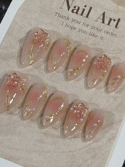 10pcs Handmade Almond-Shaped Nail Stickers, Embedded With Gold Trim, Lightweight & Luxurious, Elegant & Classy, Suitable For Various Styles, Removable & Reusable, Also Great As Gifts For Female Friends. Nail Art Supplies