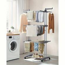 Space-Saving Solution For Small Apartments: Foldable Clothes Rack On Wheels With 3 Levels - With 6 Fixed & 2 Swivel Wings Made Of Stainless Steel - Flexible For Balcony, Bathroom, And Apartment - 灰色 - 查看 2