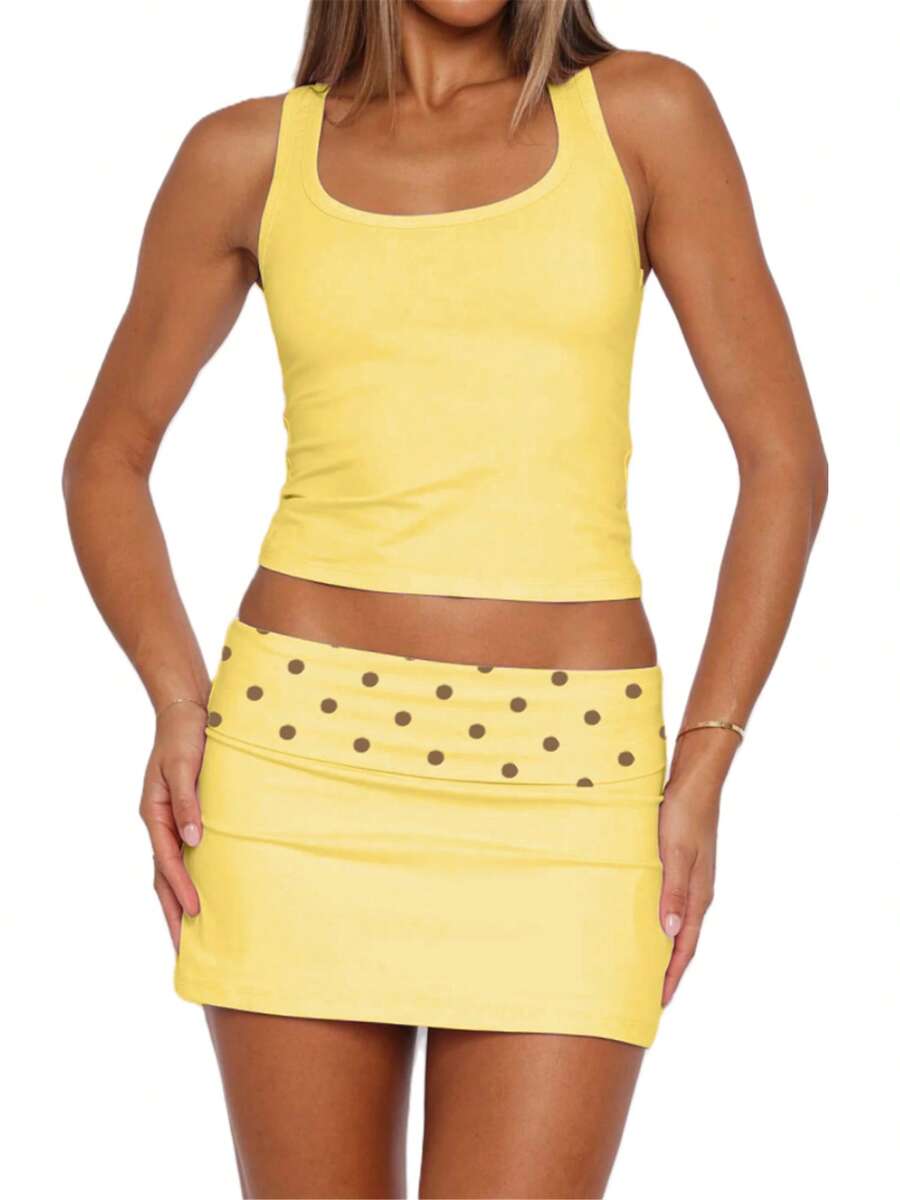 Women Fold Over Low Rise Bodycon Mini Skirt Y2k Polka Dots Print Slim Fitted Going Out Micro Skirts Stretchy Tube Pencil Mini Skirts Party Clubwear - 黃色 - 查看 1
