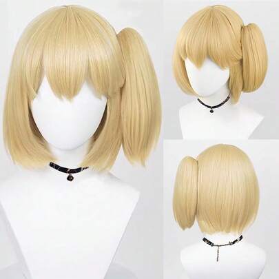 Blonde Short Straight Synthetic Ponytail Clip Wigs With Bangs Women Anime Game Cosplay Fluffy Heat Resistant Wig For Daily Party