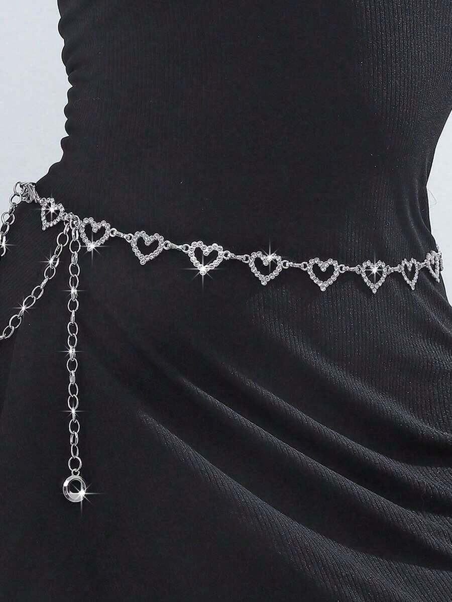 1 Piece Fashion Heart-Shaped Rhinestone Waist Chain Woven Belt For Women, Perfect For Matching Summer Dresses, Versatile And Personalized Style, Suitable For Halloween, Valentine's Day, Summer, Autumn, Autumn School, Halloween - Bạc - Xem 1