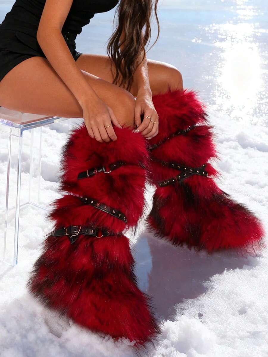 New Winter Warm Plush Artificial Fur Women's Strap Snow Boots - Long Tube Boots With Soft Lining, Comfortable Slide Design, Fashionable Strap Design, Suitable For Outdoor And Indoor Wear In Cold Weather, Neutral Long Ankle Artificial Raccoon Skin Snow Boots - Solid Color Classic, Super Smooth Fur Touch, Perfect Choice For Christmas And Halloween, Y2K Style! Y2K Fashion Men's And Women's Snow Boots - Made Of Synthetic Washed Bear Skin, Silky Ground Touching Fur, Classic Solid Color Tones, Ideal For Christmas And Halloween! Long Unisex Synthetic Raccoon Skin Snow Boots - Solid Color Classic, Super Smooth Fur Landing, Essential For Christmas And Halloween, Edgy Y2K Vibe! Christmas And Halloween Must-Have Fake Washed Bear Skin Snow Boots (Suitable For Both Men And Women) - Solid Color Classic Tone, Smooth Fur Touching The Ground, Fashionable Y2K Appearance! Y2K Men's And Women's Long Boots Snow Boots - Super Smooth Floor Leather, Perfect For Christmas And Halloween Celebrations! - 紅色 - 查看 1