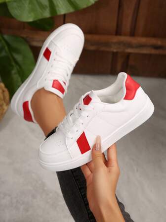 1 Pair Round Toe Lace-Up Casual Shoes For Girls, Comfortable Color Block Flat Athletic Sneakers