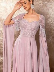 DELLA COUTURE Elegant Pink Chiffon Sweetheart Neck Evening Gown For Women's Summer Parties Featuring Beaded Appliques Embellishments This Flowing And Refined Silhouette Offers An Elegant Form-Fitting Design With A Stunning Floor-Length Train Ideal For Parties Weddings - Baby Pink - View 5