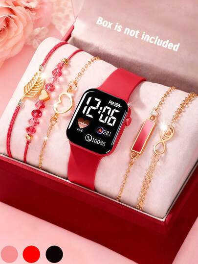 6pcs Affordable LED Digital Watches, Square Digital Display Suitable For Teenagers, Pink Watches & Bracelet Set For Teen Girls, Gift For 10-20 Years Old, Party/Event/Patrol Wear, Christmas Gift