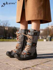 1 Pair TMA EYES Vintage Style Handcrafted Stitching & Handmade Leather + PU Patchwork Distressed Leather Upper, PU Faux Fur Lining, Jacquard Shoelaces, Closure, Side Zipper, Non-Slip Comfortable Cold-Proof Outdoor Casual Plus Size Wide Fit Women Ankle Boots - màu đen - Xem 3